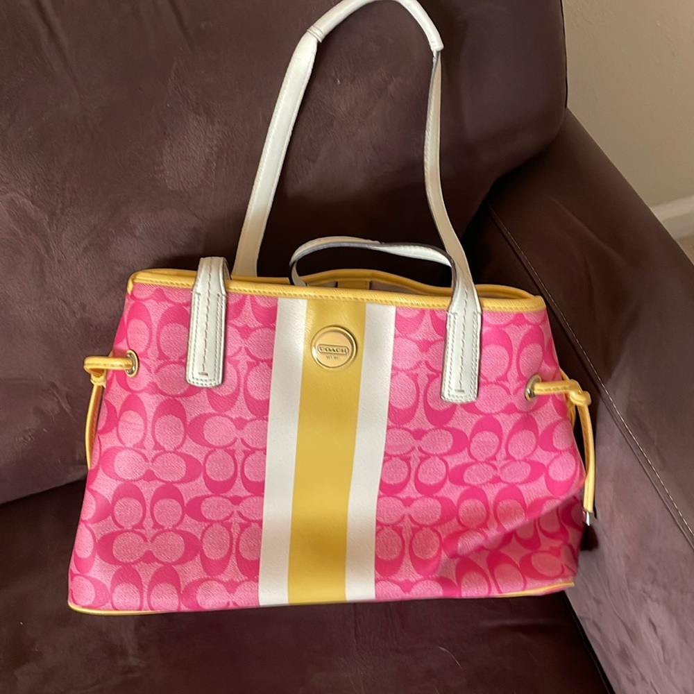 Large Coach Purse Yellow and Pink
